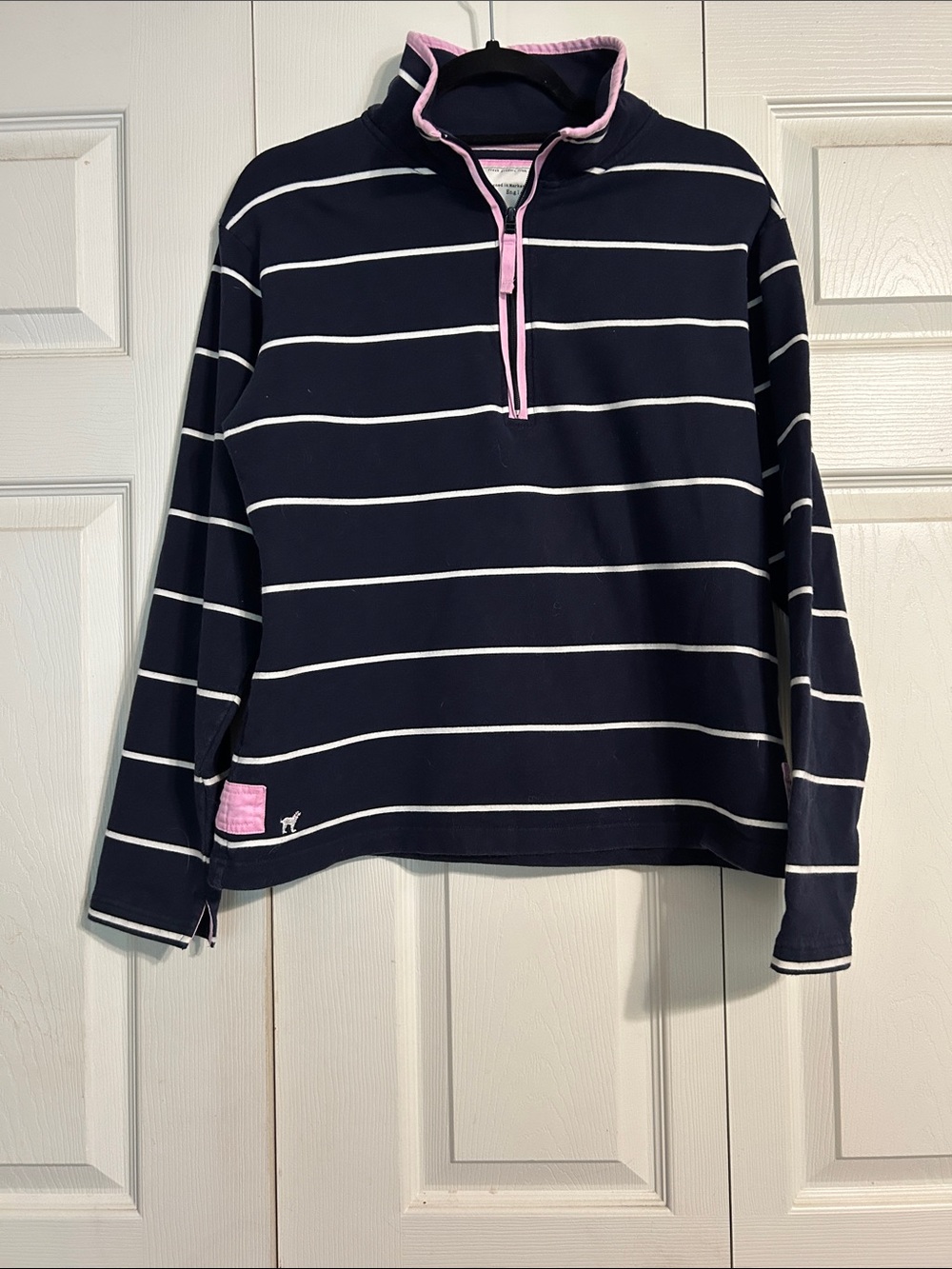Joules X-Large Navy White Striped Quarter-Zip Pink Trim Preppy Stretch Cotton